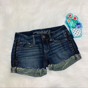 American Eagle • Leather Detail Dark Wash Shorts Size 00